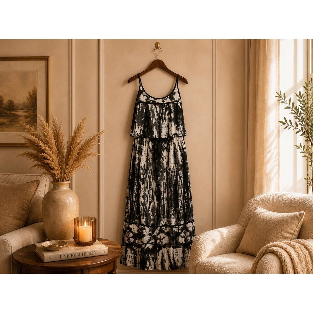 Suzi Chin Silk Maxi Dress 14 Gray Black Strappy Elastic Waist Boho Resort Chic
